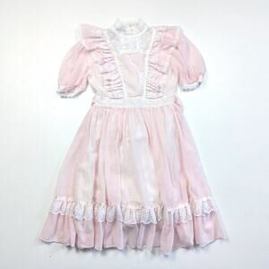 Vintage Jeunes Filles Gunne Sax Dress Girls Size 7-8 Pink Polka Dot Semi Sheer
